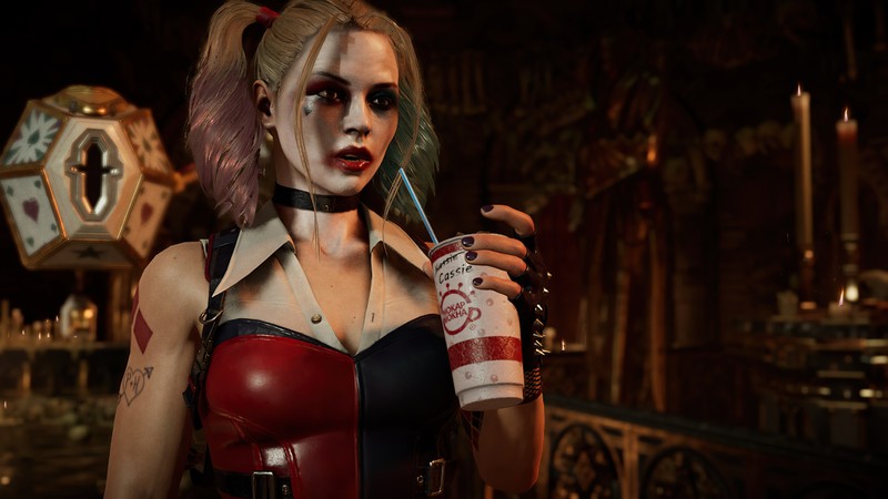 Араб, одетый как харли с напитком и часами (harley quinn, кэсси кейдж, cassie cage, mortal kombat 11, mk11)