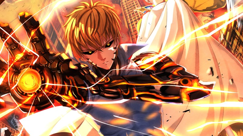 Крупный план человека, держащего меч в огне (генос, genos, one punch man, аниме, anime)