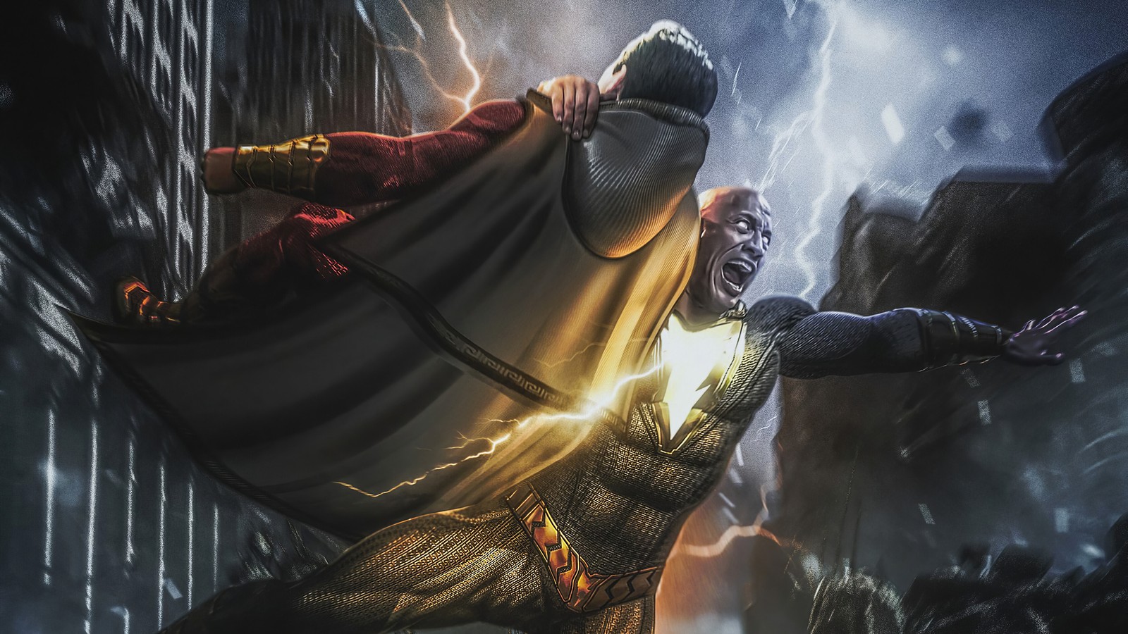 Un hombre con capa vuela por el aire (black adam 2022, película, shazam)