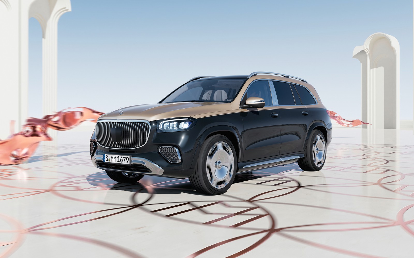 Um suv preto com uma chama rosa saindo dele (mercedes maybach gls 600 4matic, 2023, carros, papel de parede 4k)