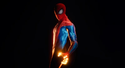 CGI dinâmico de Miles Morales como Homem-Aranha, iluminado contra um fundo preto, com cores vibrantes e detalhes impressionantes, ideal para papel de parede 4K.