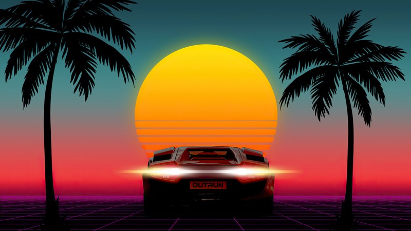 Автомобиль, едущий на закате среди пальм (машина, аутран, outrun, synthwave, ретровейв)