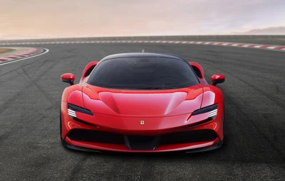 Ferrari SF90 Stradale on a racetrack at sunset