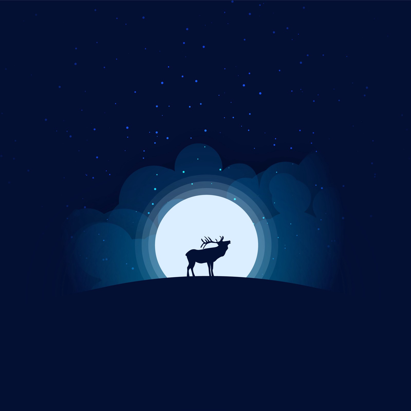 Céu noturno com um cervo e a lua cheia (ilustração, silhueta, design, azul, rena)