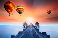 wooden pier, hot air balloons, sunrise, daylight, foggy wallpaper