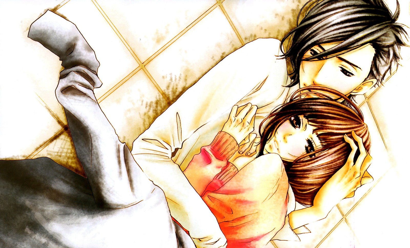 Anime couple laying on bed with head on woman's chest (anime, cartoon, illustration, fiction, art)