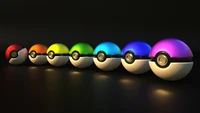 Una vibrante variedad de Poké Balls de Pokémon dispuestas en un degradado de colores sobre un fondo oscuro.