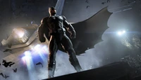 Batman in a dark, dynamic pose, surrounded by bats, set against a high-tech backdrop from the Arkham video game series.