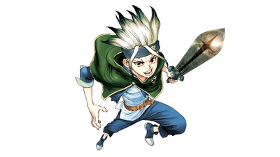 Senku Ishigami en action avec une épée de Dr. Stone