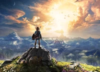 Link mira sobre Hyrule al amanecer - Una aventura de Breath of the Wild