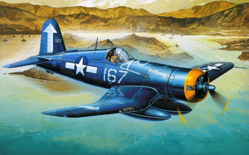 Картина синего самолета, летающего над пустынной местностью (vought f4u corsair, пластиковая модель, самолёт, авиация, пропеллер)