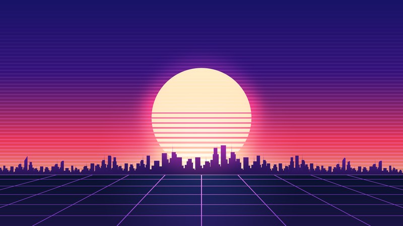 Закат над городом с сеткой квадратов (synthwave, искусство, атмосфера, мир, оранжевый)