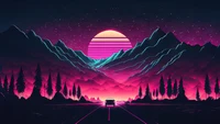 Dirigindo na Montanha com Influência Retrô: Uma Jornada Synthwave ao Anoitecer