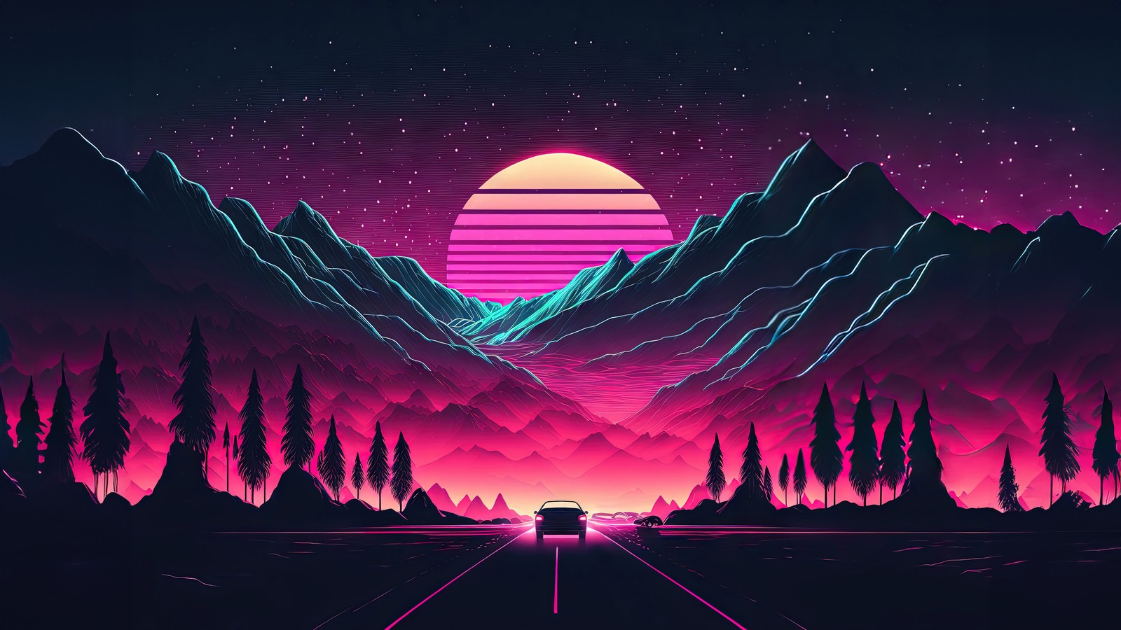 Une voiture conduisant sur une route devant une chaîne de montagnes (voiture, outrun, route, montagne, retrowave)