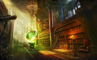 Biblioteca encantada com artefatos brilhantes e luz mística, evocando um senso de aventura e fantasia.