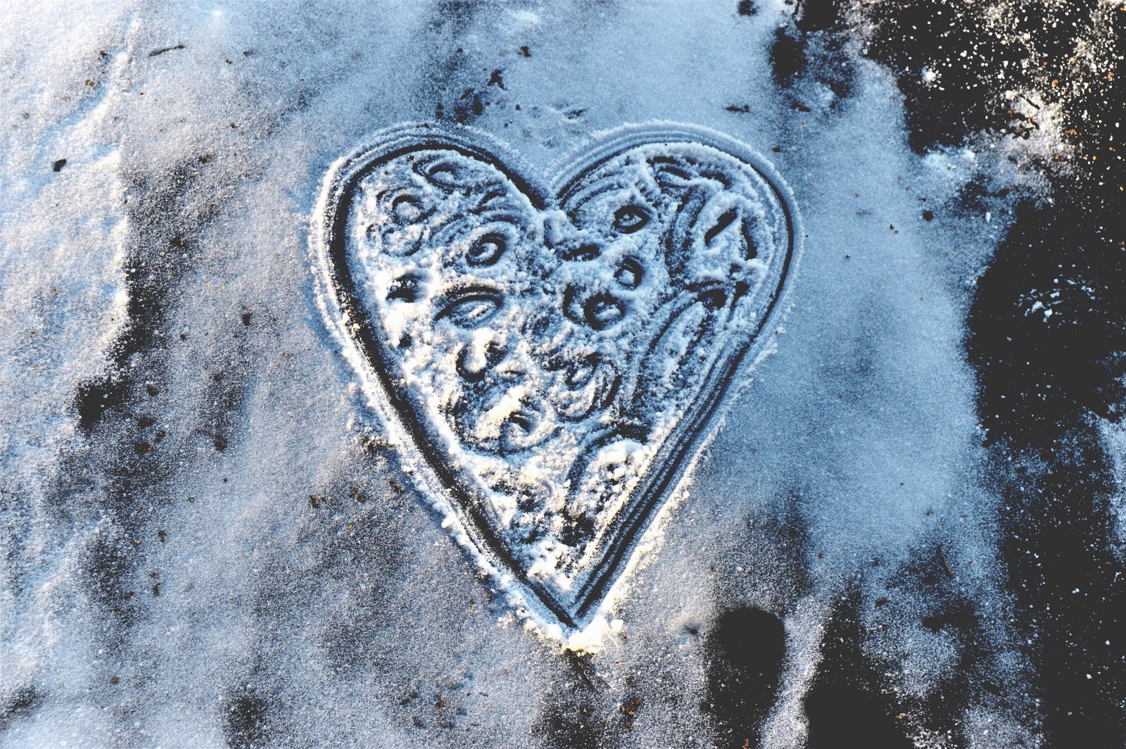 Gros plan d'un objet en forme de cœur sur une surface enneigée (cœur, organe, hiver, neige, gel)