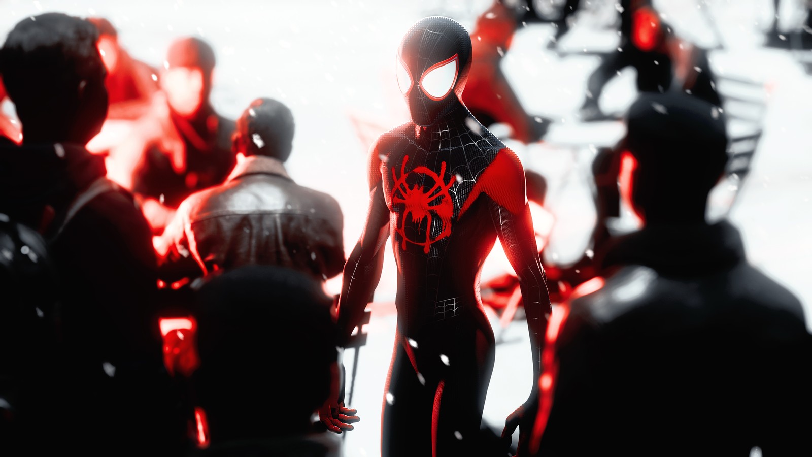 Spider-man en costume noir se tenant devant une foule de personnes (marvels spider man miles morales, super héros marvel, marvel superheroes, spiderman, jeux)