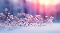 Delicate Flowers Blanketed in Snow at Dusk