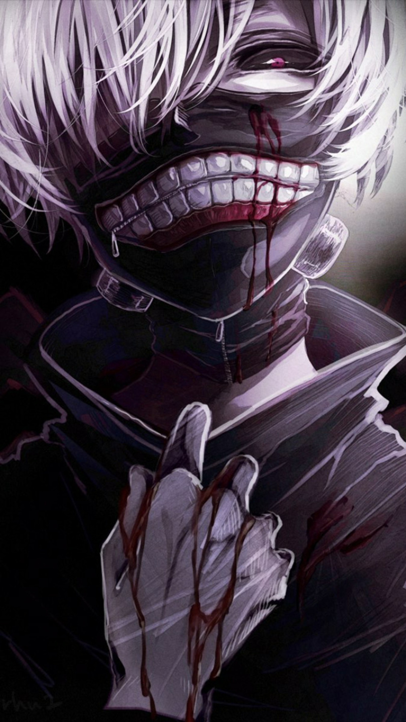 Anime character with bloody face and white hair holding a knife (anime, kaneki, tokyo ghoul)