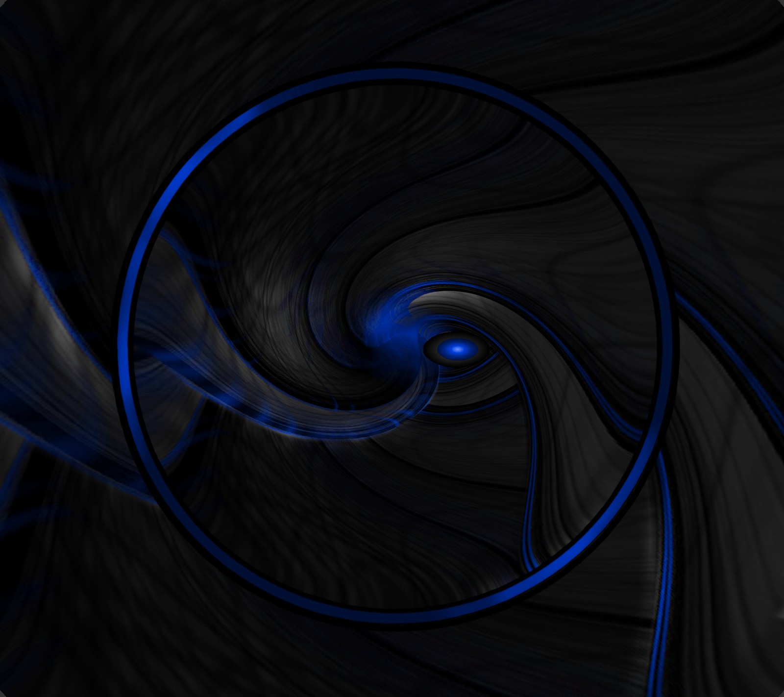 Un primer plano de un diseño en espiral con luces azules (abstracto, negro, azul, círculo)