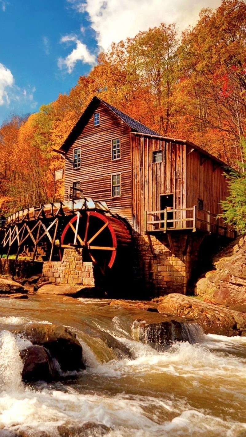 Arafed wooden building with a water wheel in front of a river (autumn, landscape, nature)