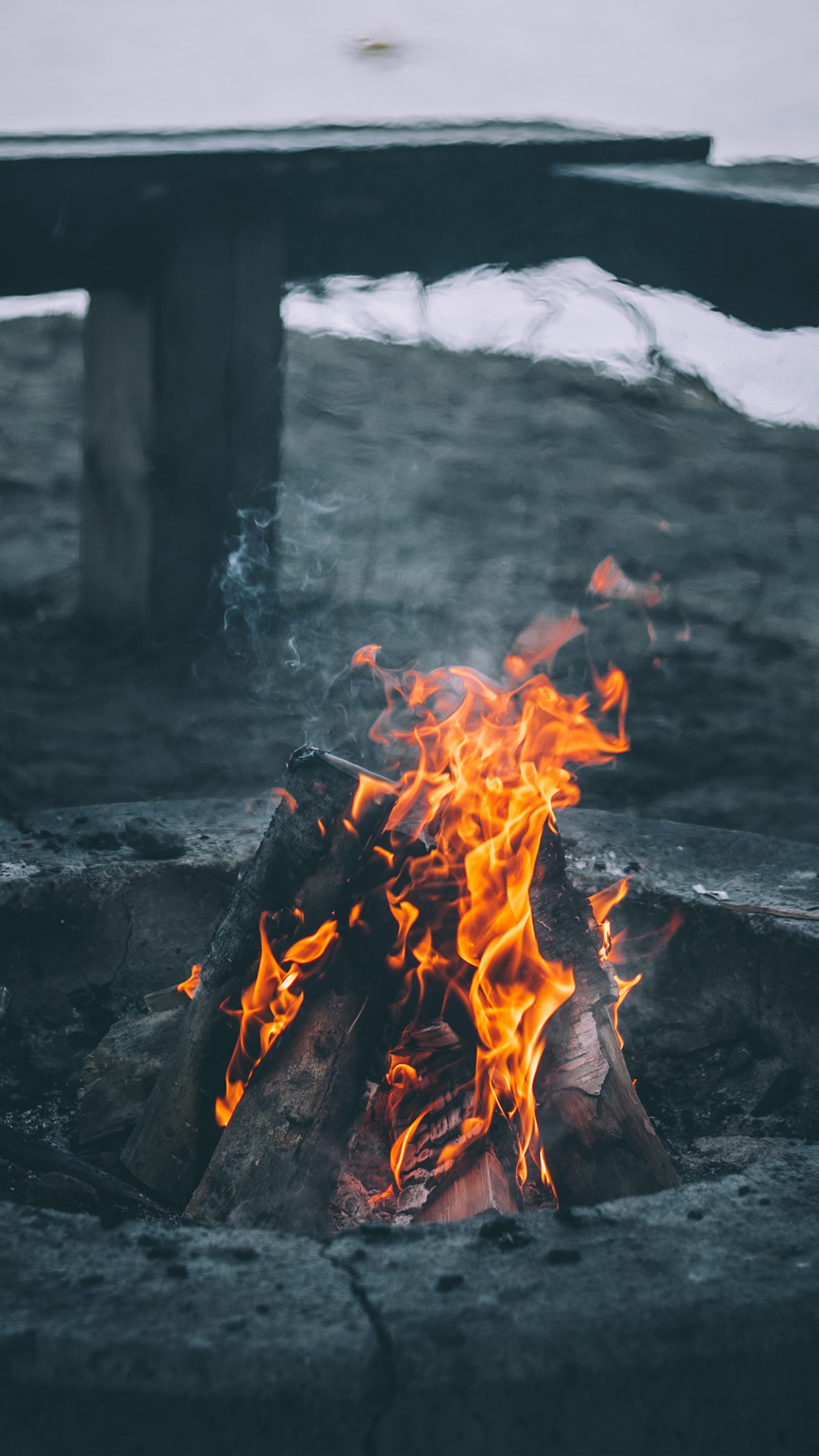 Hay un fuego ardiendo en medio de un banco (fuego, árbol)