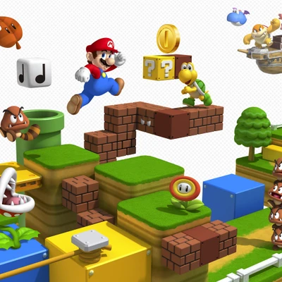 Cena de Aventura de Super Mario Bros com Personagens Icônicos e Blocos