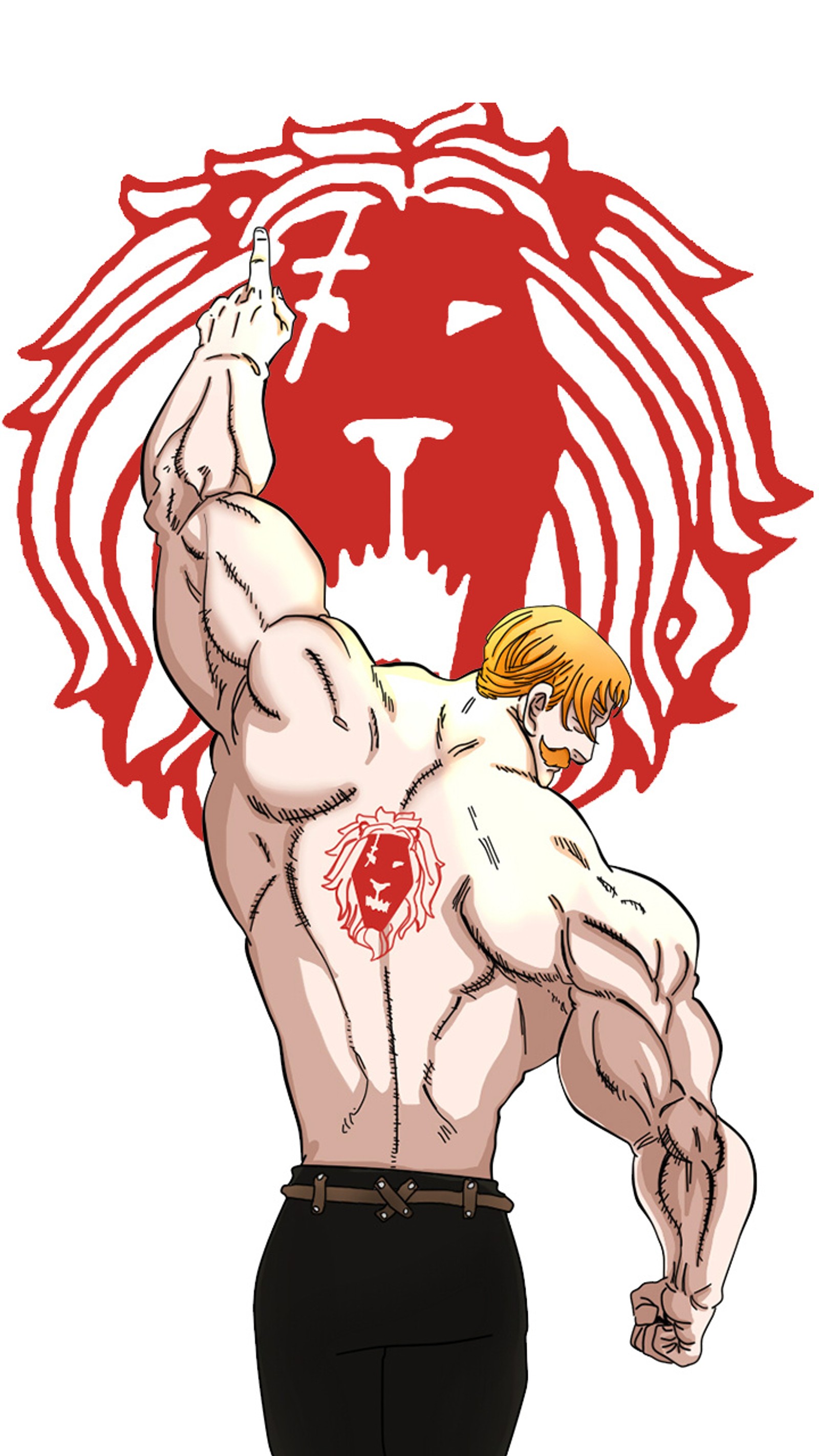 Un dibujo animado de un hombre con un león rojo en el pecho (escanor, nanatsu, no, taizai, anime)