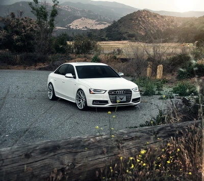 Weißer Audi S4 Tuning mit Vorsteiner Rädern in malerischer Landschaft