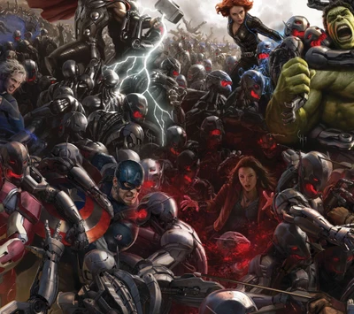 Escena de batalla épica con los Vengadores, incluyendo a Thor, Viuda Negra y Hulk, enfrentándose a una horda de los minions robóticos de Ultron.