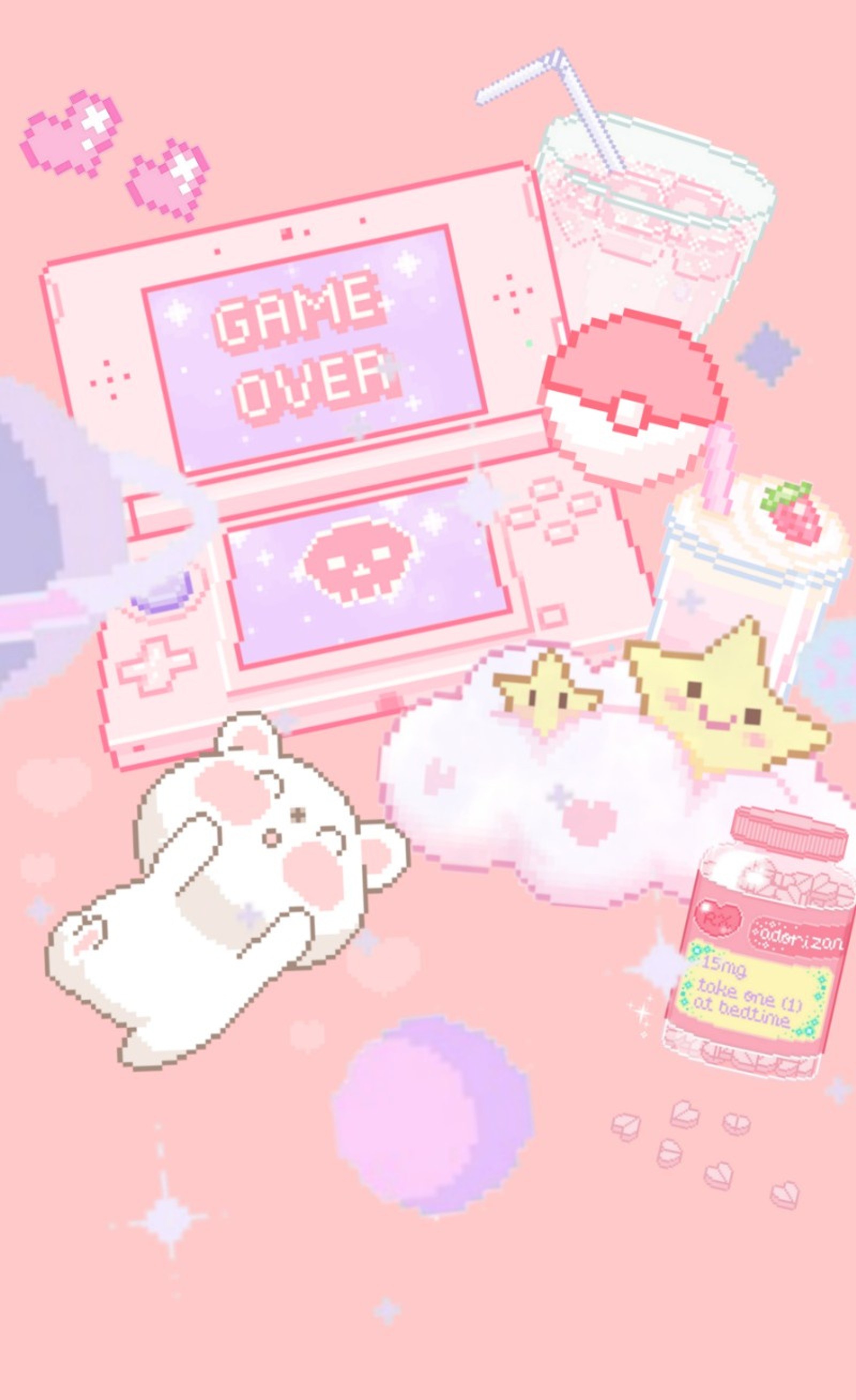 Un fondo rosa con un montón de artículos sobre él (estética, lindo, fin del juego, kawaii, pastel)