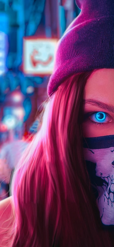 Masked Girl with Striking Blue Eyes in Neon Urban Setting