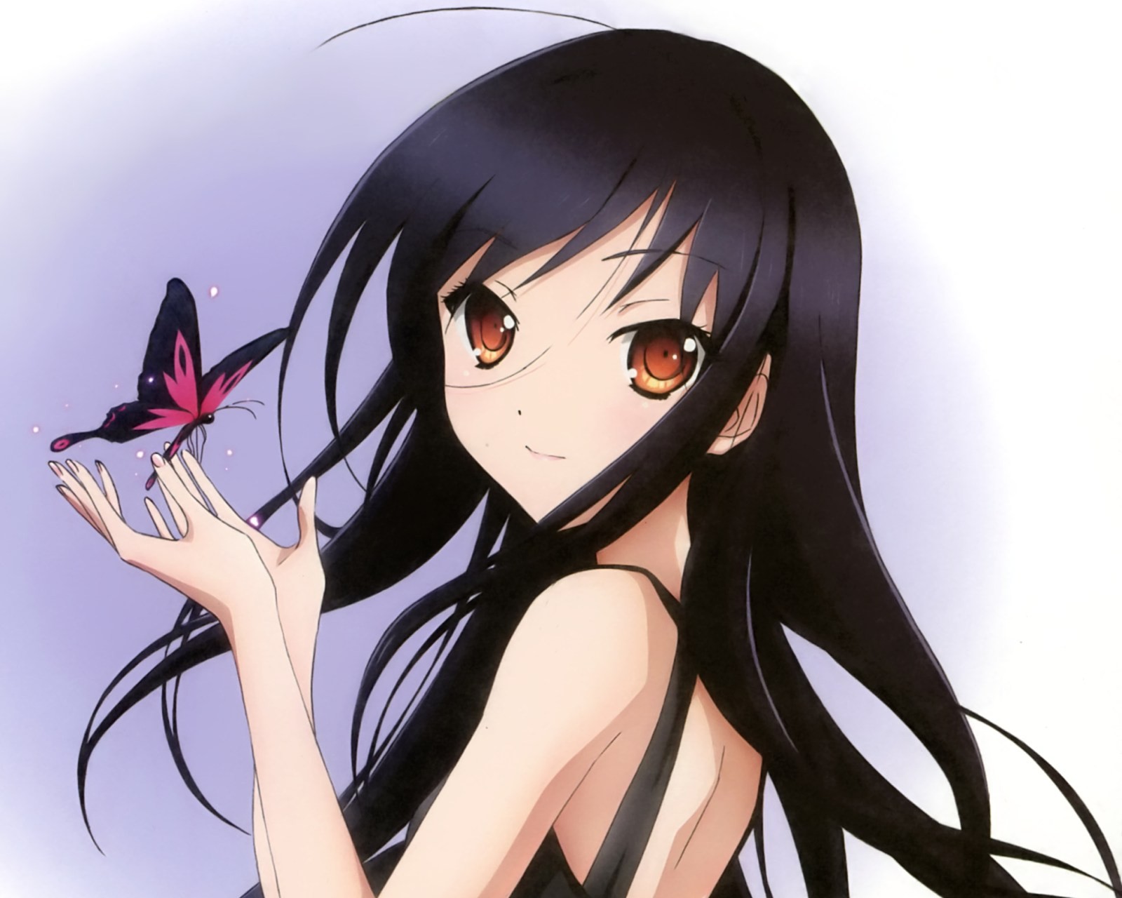 Garota anime com cabelo longo e preto segurando uma borboleta na mão (accel world, animação, anime, garota de anime, kuroyukihime)