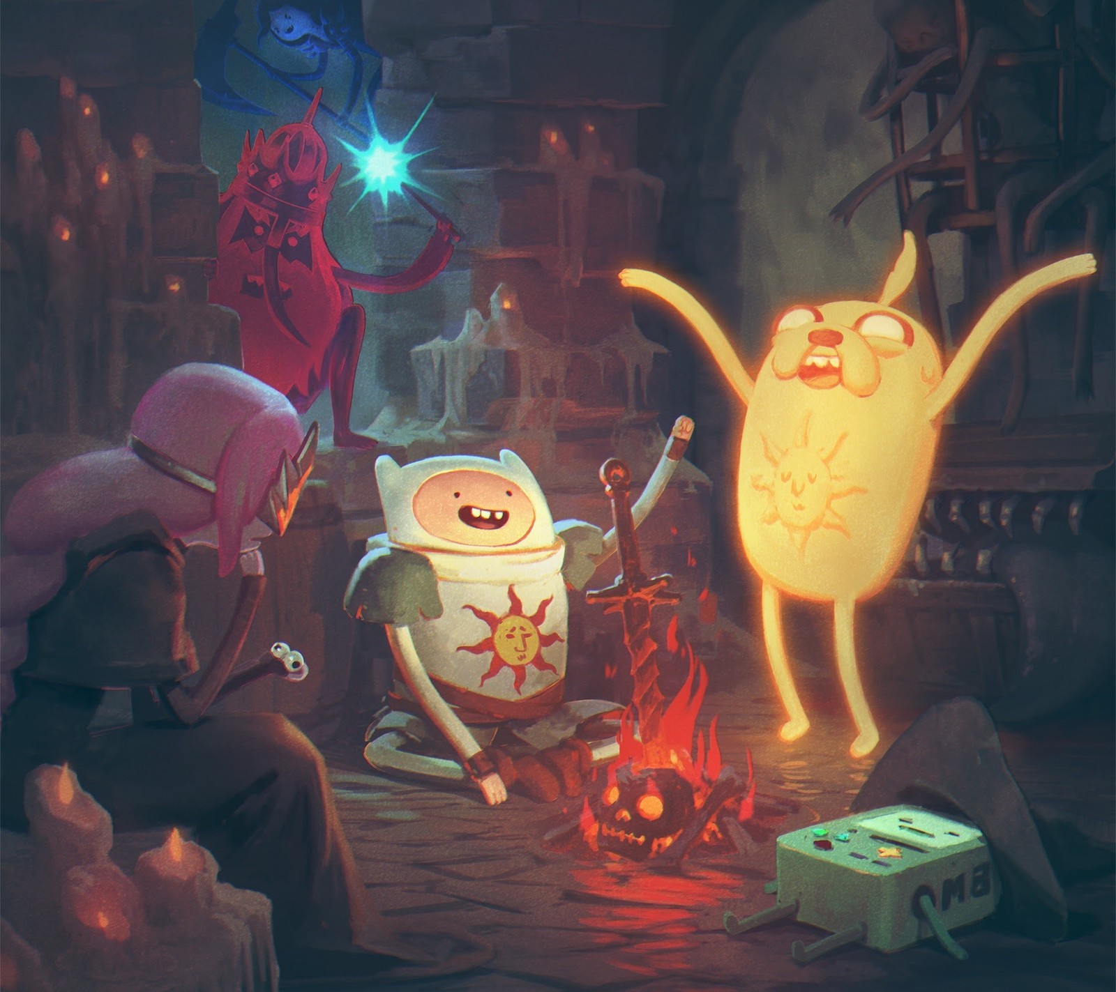 Мультяшные персонажи сидят у костра в комнате (время приключений, adventure time, картун нетворк, cartoon network)