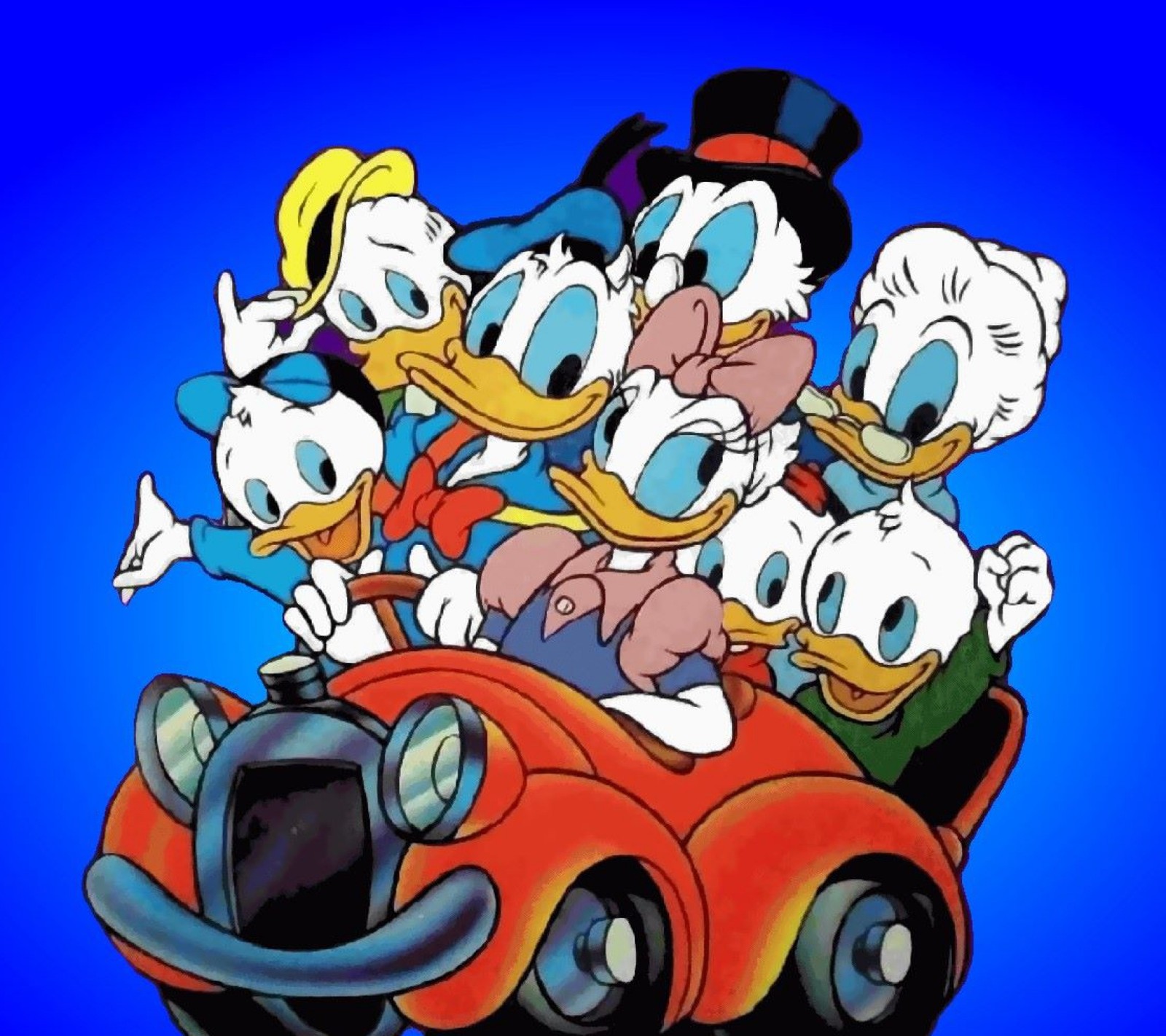 Donald duck e seus amigos em um carro (desenhos animados, família de patos)