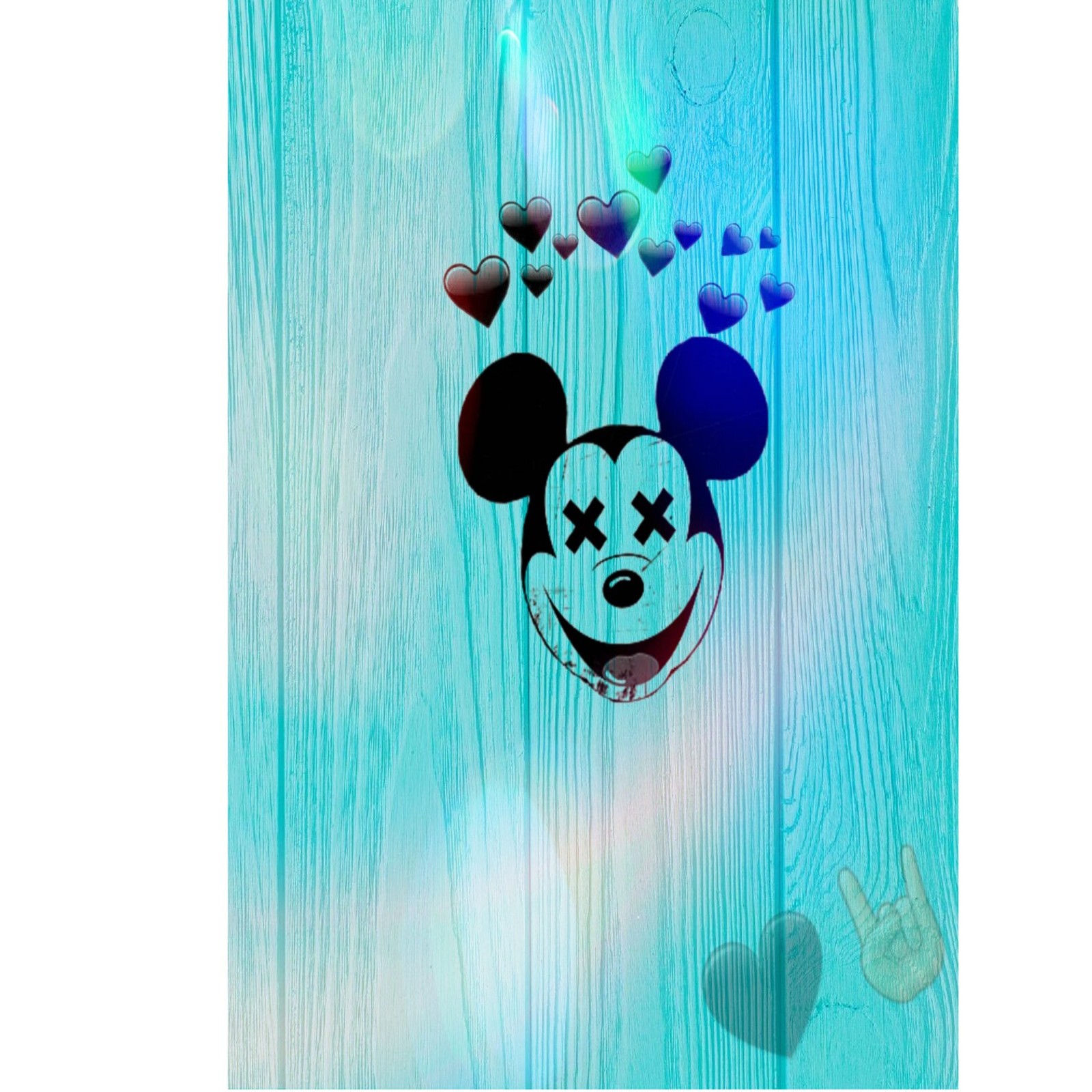 Rosto do mickey mouse com corações flutuando no ar sobre um fundo de madeira azul (azul, pequeno, mouse, tumblr)