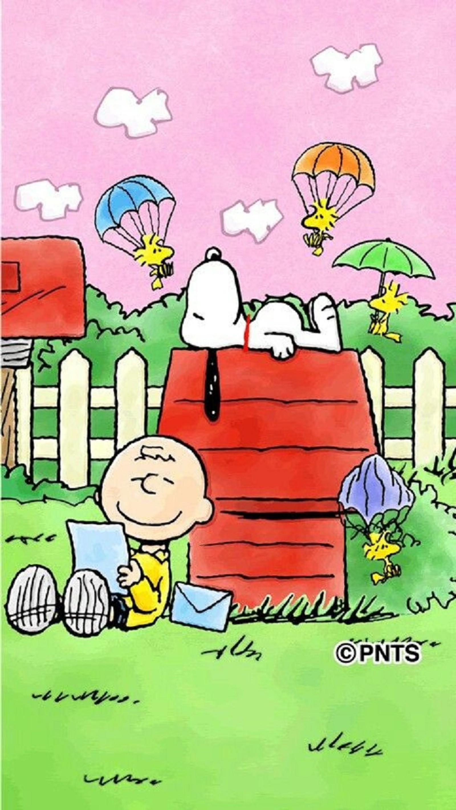 Cacahuetes y snoopy en una casa de snoopy con un paracaídas (lindo, perro)