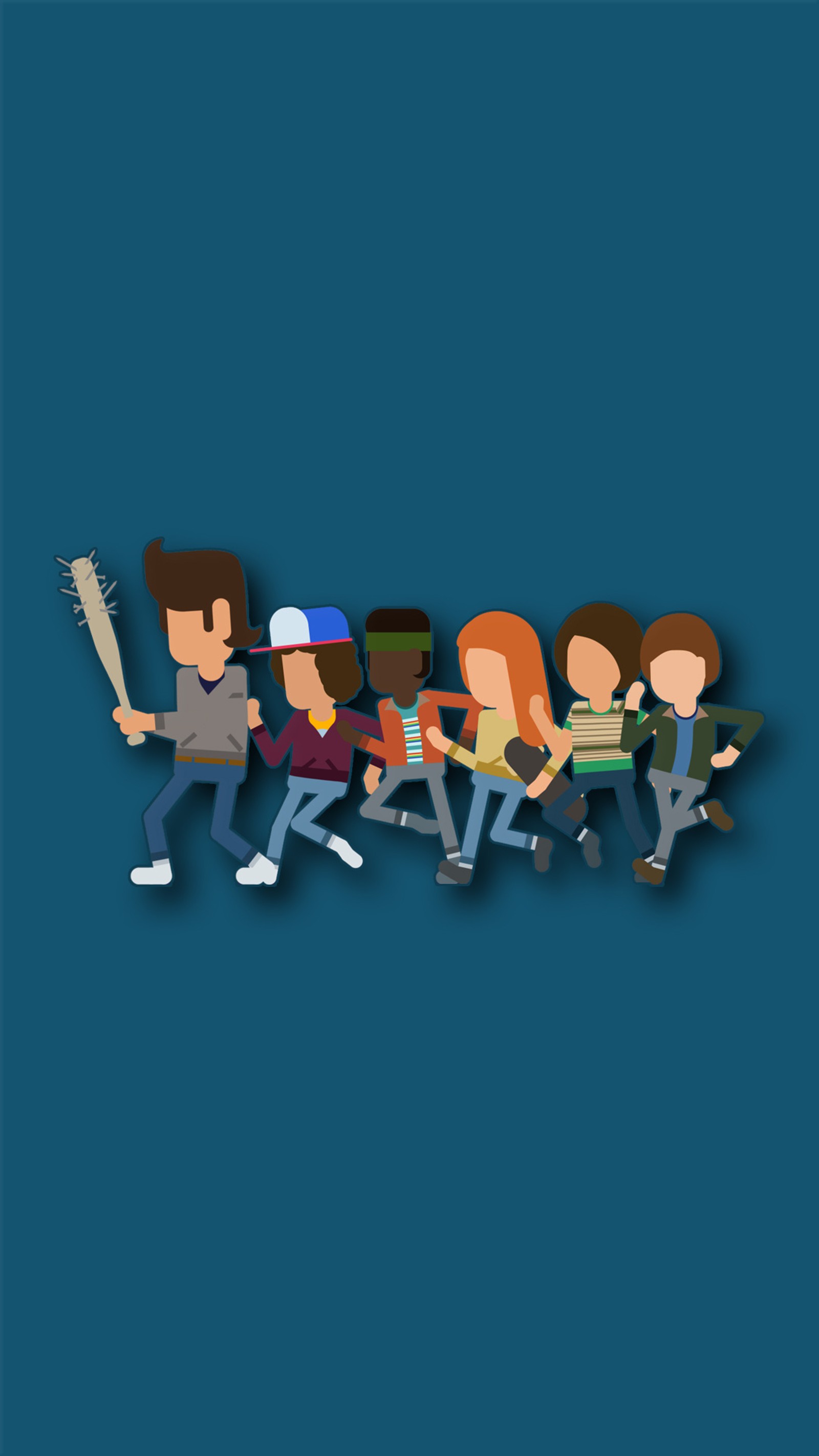 Desenho animado de um grupo de pessoas com violões (azul, ciano, minimalista, netflix, stranger things)