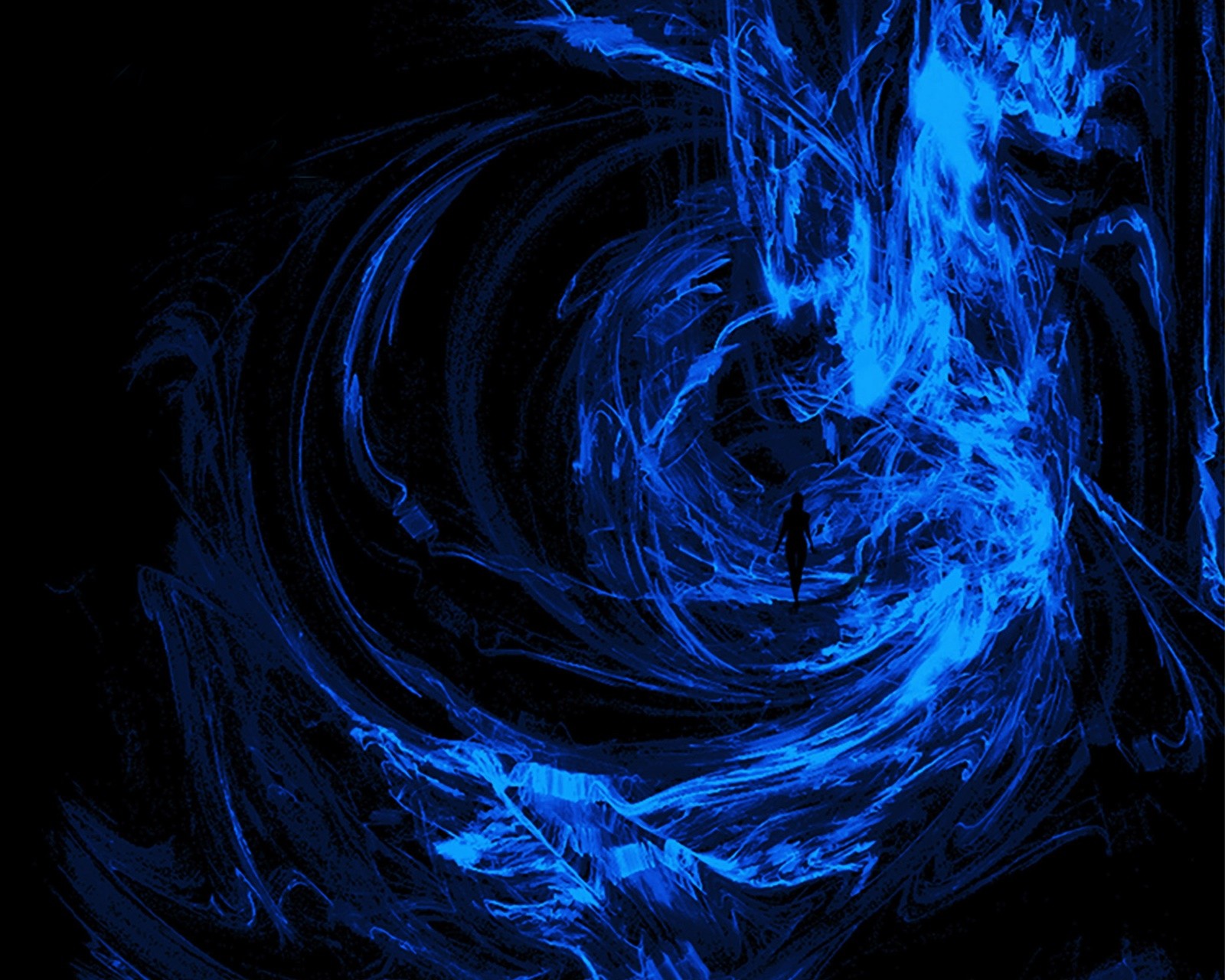 Arafed image of a person standing in a dark room with a blue swirl (blue, dream, fantasy)