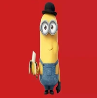 A cheerful minion in a bowler hat, holding a banana against a bright red background.