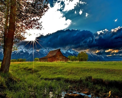 clouds, field, house, landscape, nature