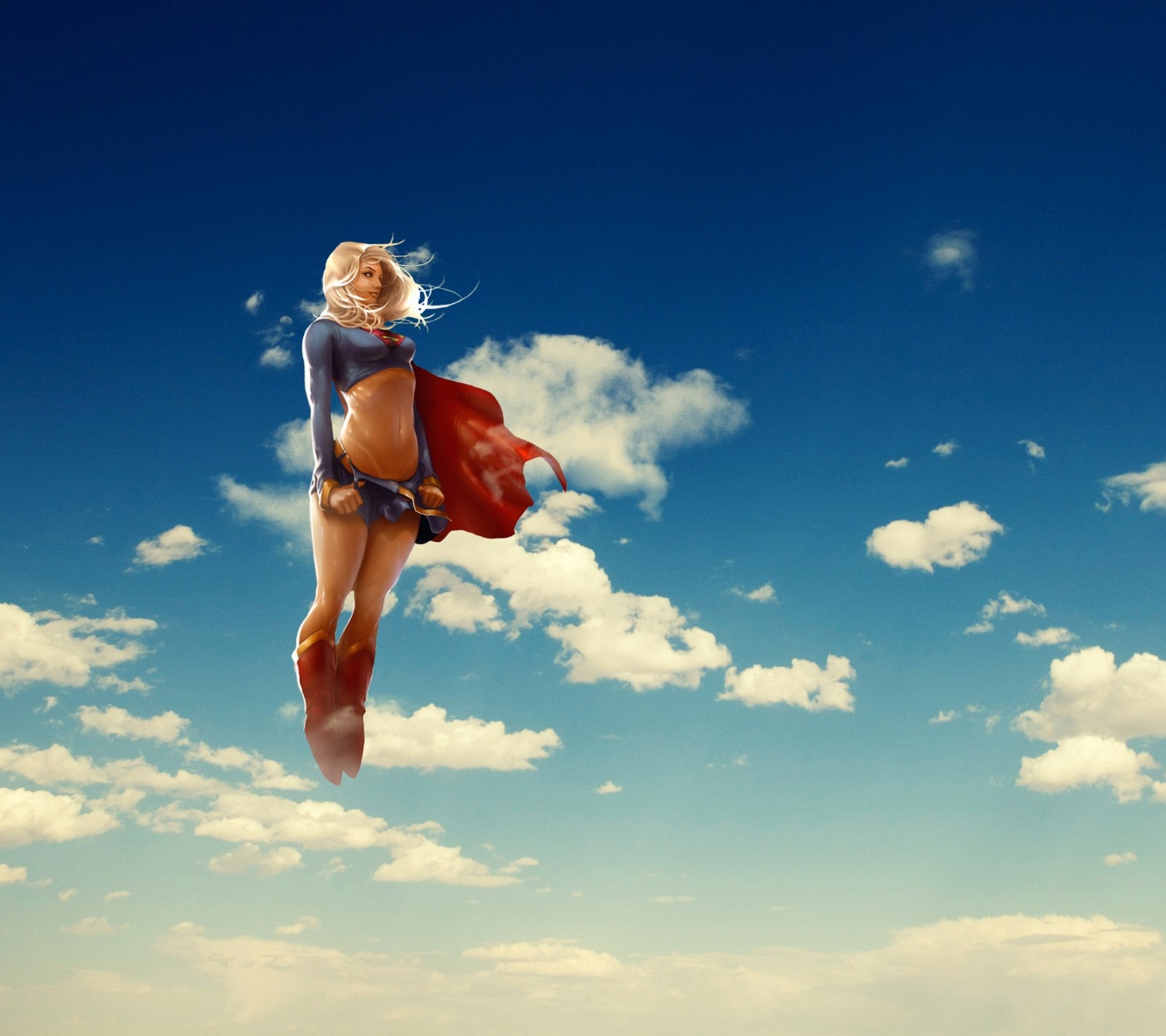 There is a woman flying through the air with a red cape (blue, cartoon, hd, sky, supergirl)