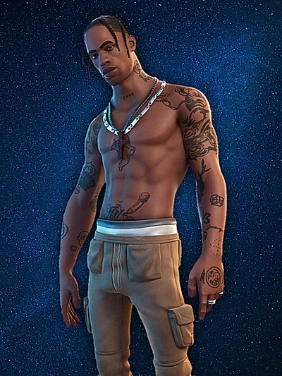 Personagem Travis Scott do Fortnite com fundo estrelado