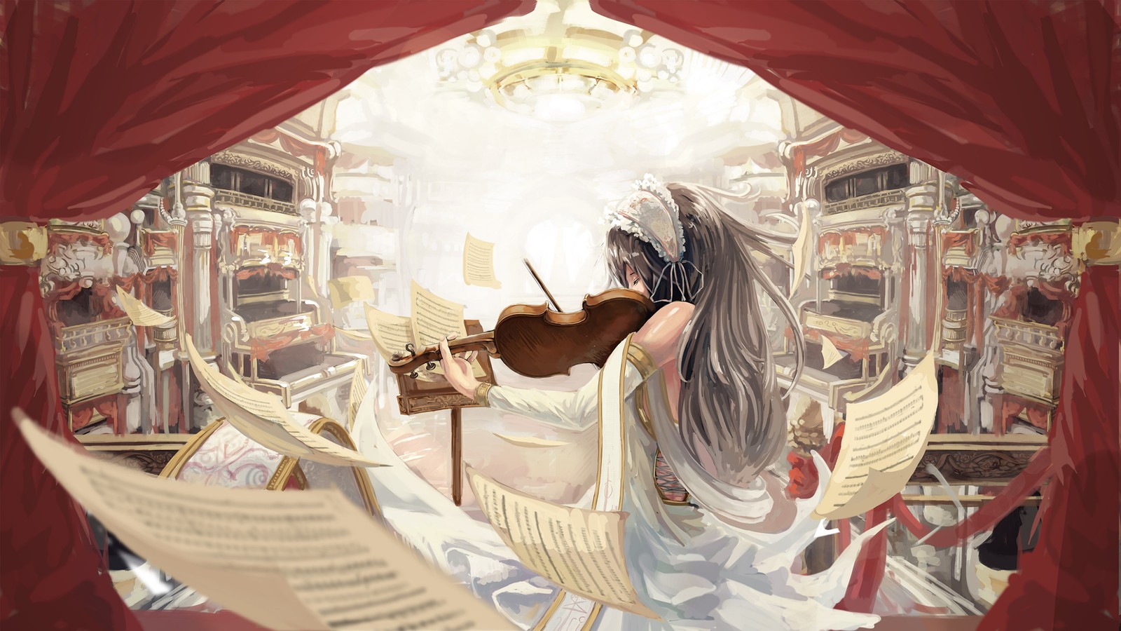 Anime girl playing violin in a music room with music sheets (violin, anime, illustration, art, anime music video)