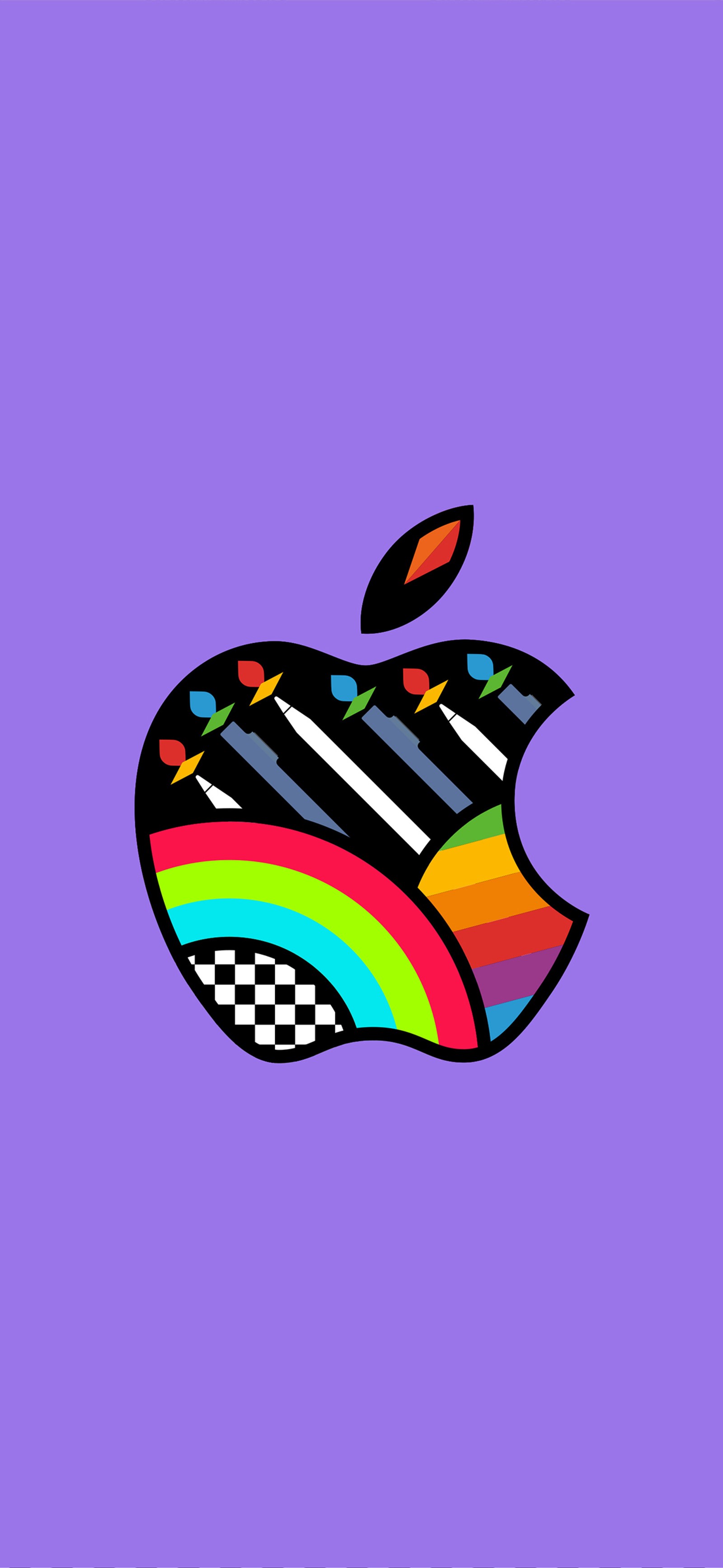 Há um logo da maçã com um arco-íris e um fundo xadrez. (maçãs, apple store, ios 17, arte, magenta)