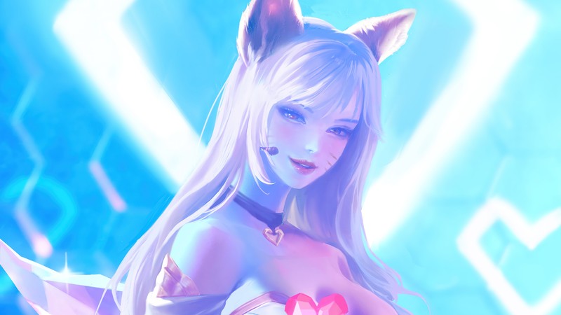 Крупный план женщины с кошачьими ушами и платьем (kda, ахри, ahri, lol, легенды легенд)