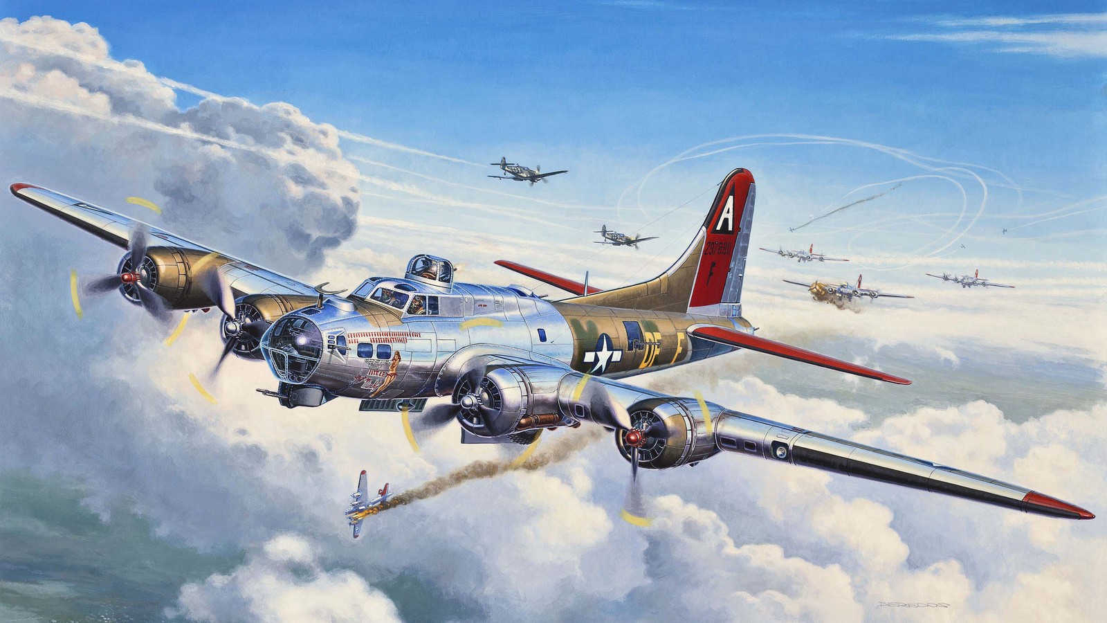 Pintura de un grupo de aviones volando por el cielo con humo saliendo de ellos (boeing b 17 flying fortress, avión militar, aeronave, avión, aviación)