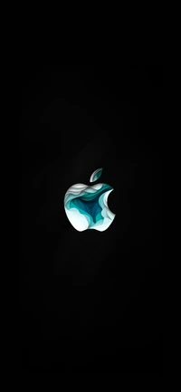 Illuminated Apple Logo in Turquoise and Teal Against a Dark Background