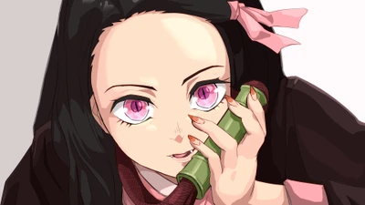 Nezuko Kamado mit einem Telefon: Ein einzigartiges Anime-Porträt