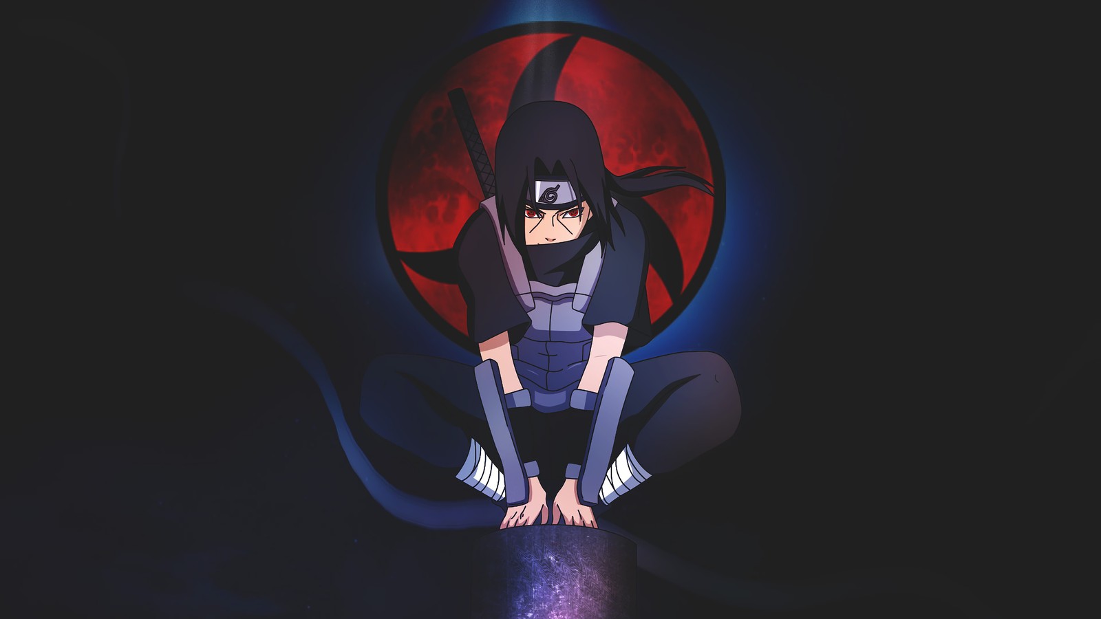 Eine person sitzt an einem tisch mit einem schwert in der hand (itachi uchiha, sharingan, anbu, naruto anime, anime)